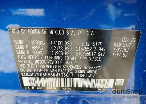 2021 Honda Hr-V Awd Ex from USA, damaged, VIN 3CZRU6H56MM733617